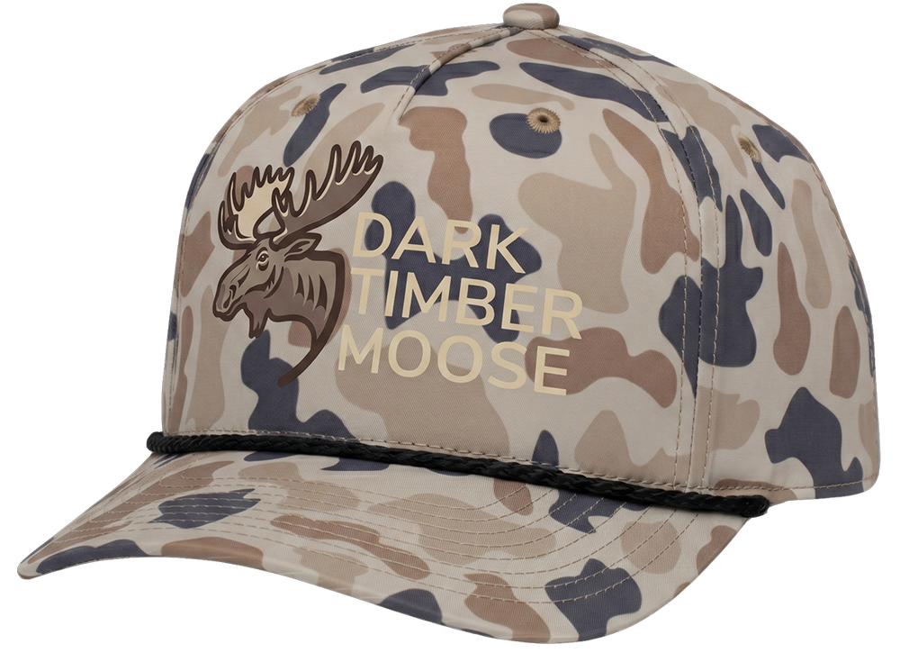 Front Left of Canyon Camouflage Snapback hat with 'Dark Timber Moose' logo.