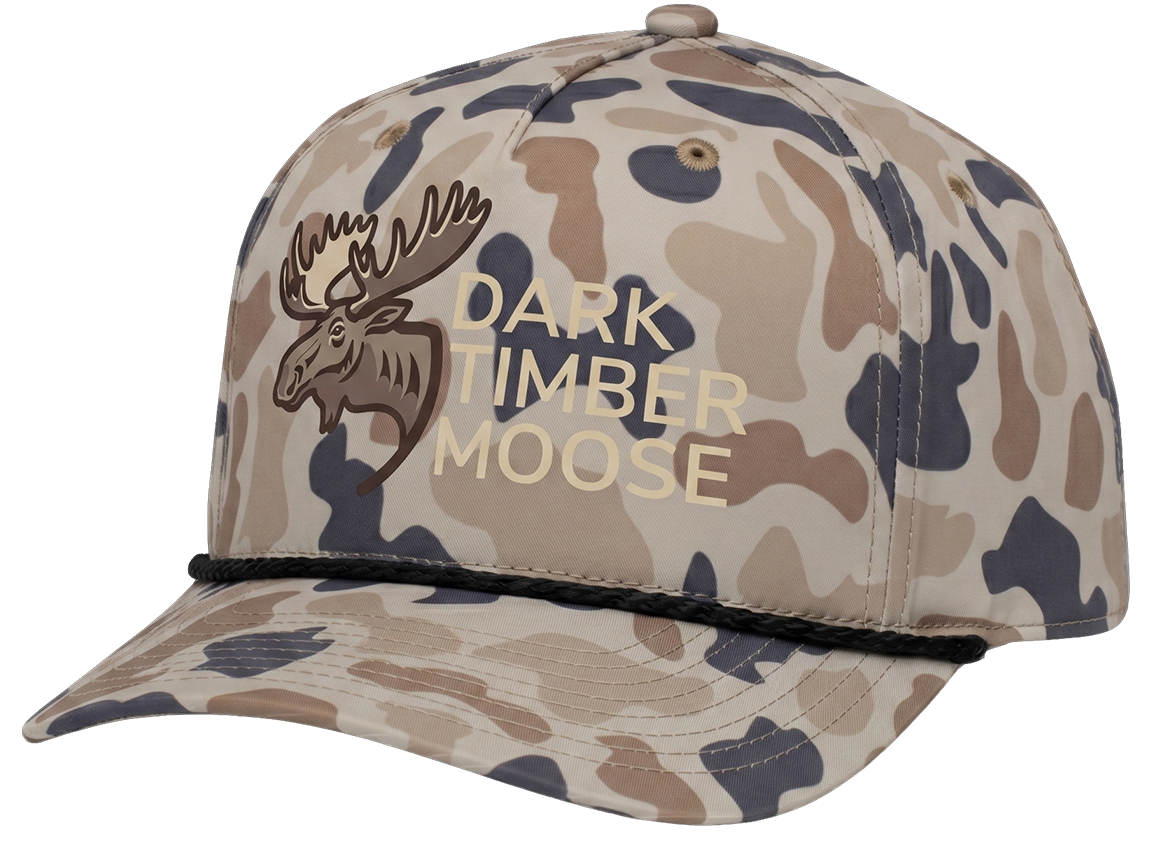 Front Left of Canyon Camouflage Snapback hat with 'Dark Timber Moose' logo.