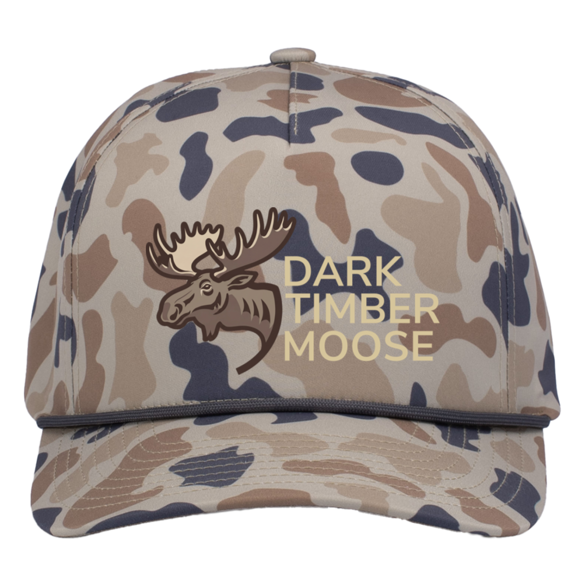 Front of Canyon Camouflage Snapback hat with 'Dark Timber Moose' logo.