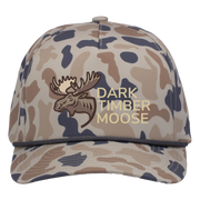 Front of Canyon Camouflage Snapback hat with 'Dark Timber Moose' logo.