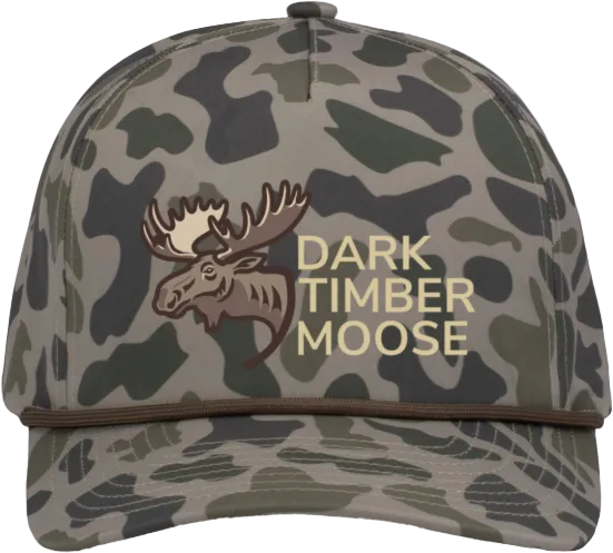 Front of Coastland Camouflage Snapback hat with 'Dark Timber Moose' logo.