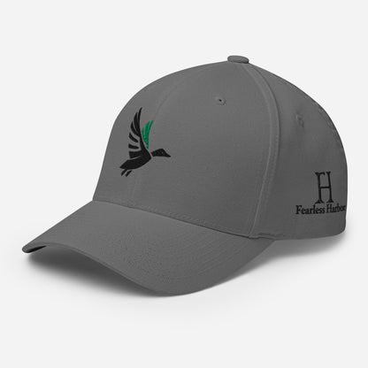 Left Front of Drake Edition FlexFit Hat in Grey, with black and green duck embroidery on front and FH logo on left side.