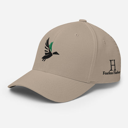 Left Front of Drake Edition FlexFit Hat in Khaki, with black and green duck embroidery on front and FH logo on left side.