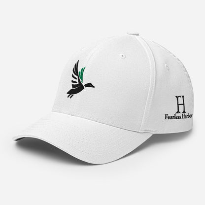 Left Front of Drake Edition FlexFit Hat in White, with black and green duck embroidery on front and FH logo on left side.