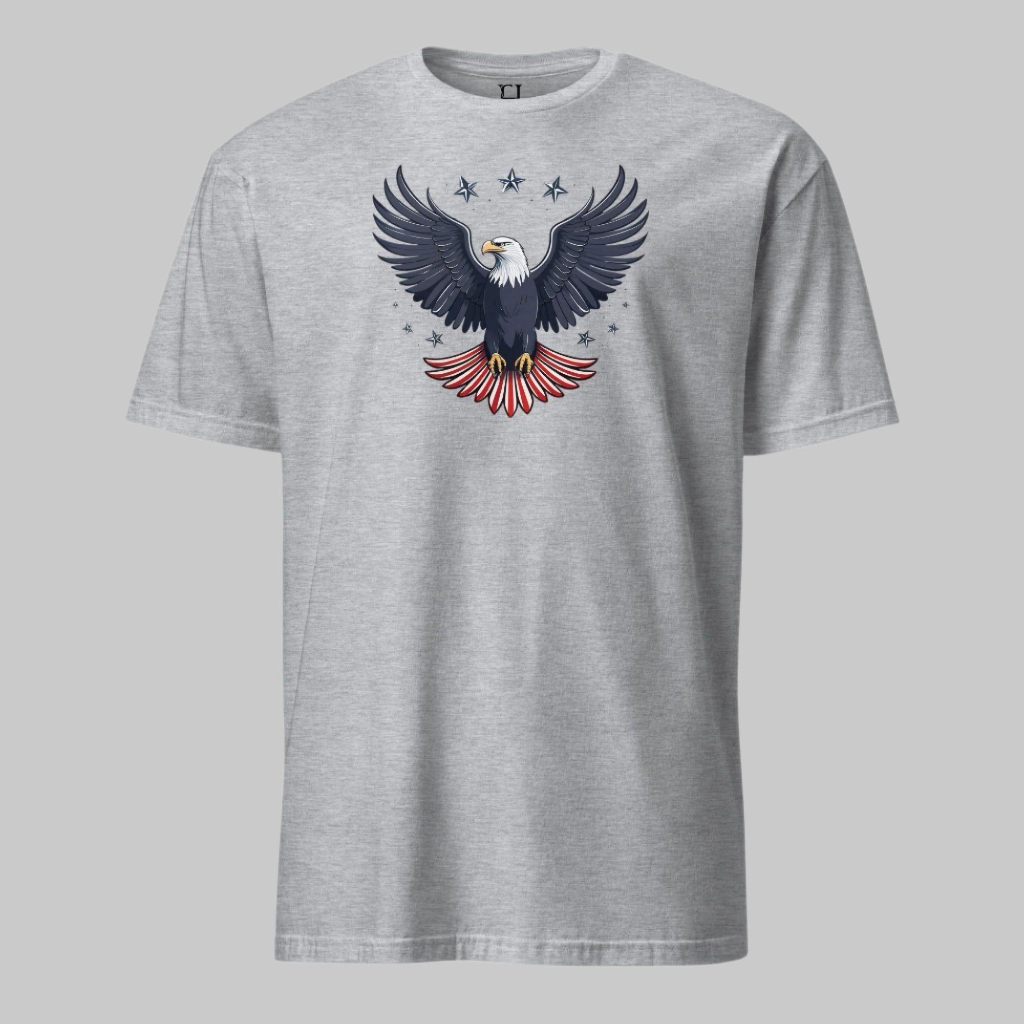 Grey t-shirt featuring bold eagle and stars graphic — subtle strength, unmistakably free.