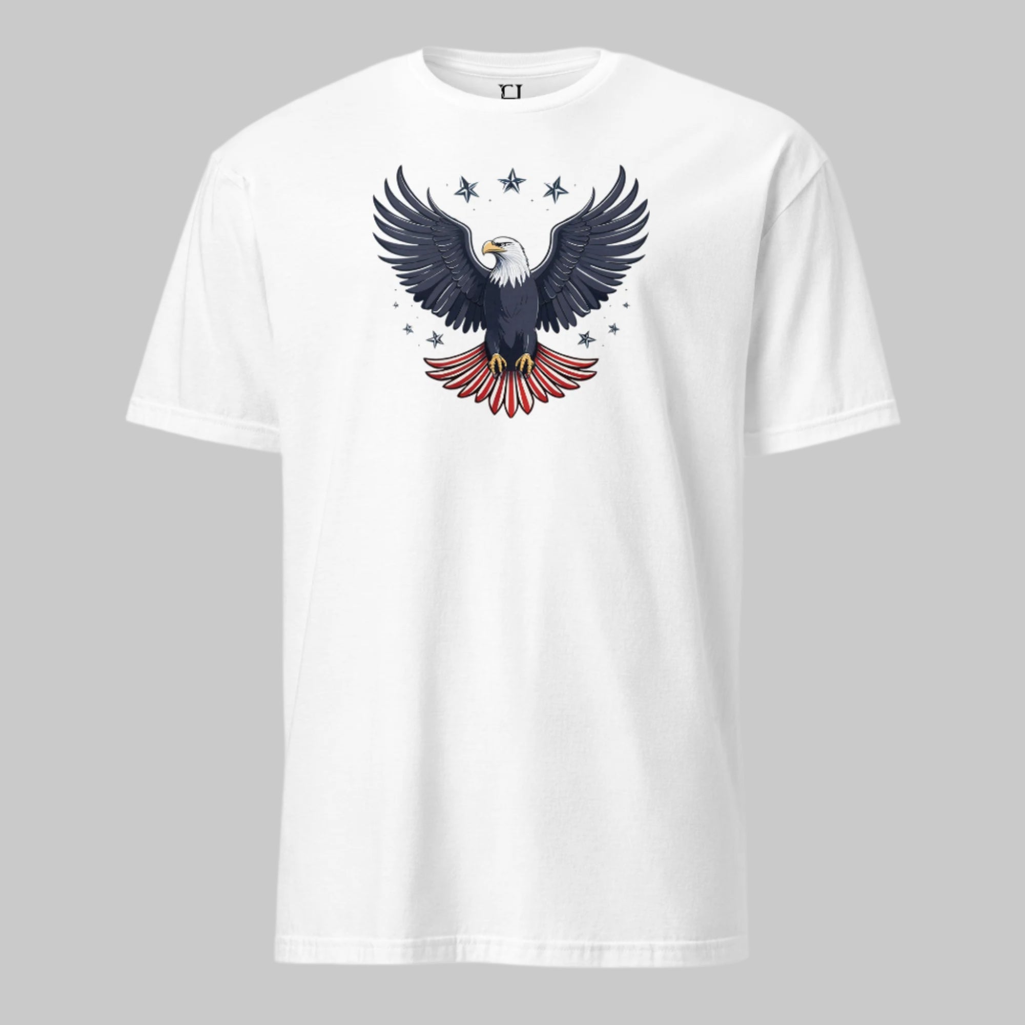 White t-shirt featuring eagle and stars design — built for those who wear freedom well.