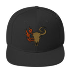 Front view of Black Elk Burn Zone classic snapback hat with embroidered elk skull and flame graphic.