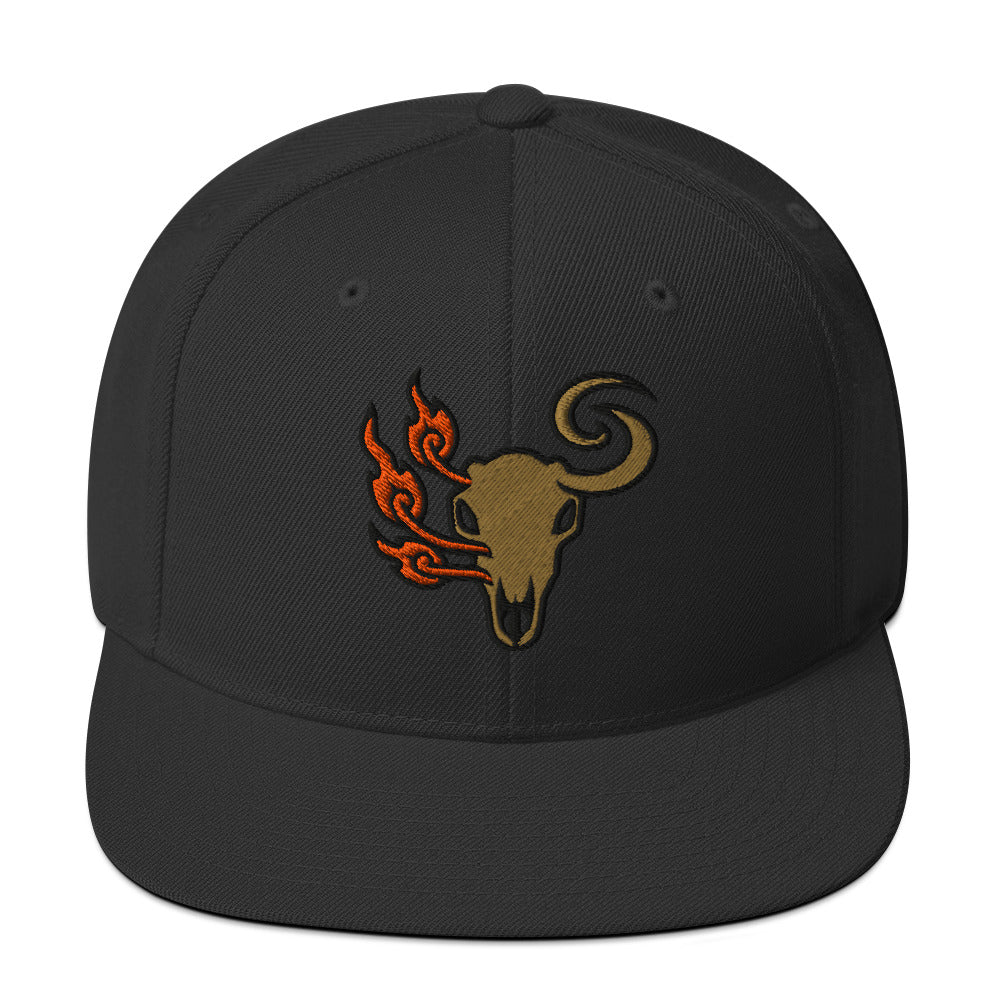 Front view of Black Elk Burn Zone classic snapback hat with embroidered elk skull and flame graphic.