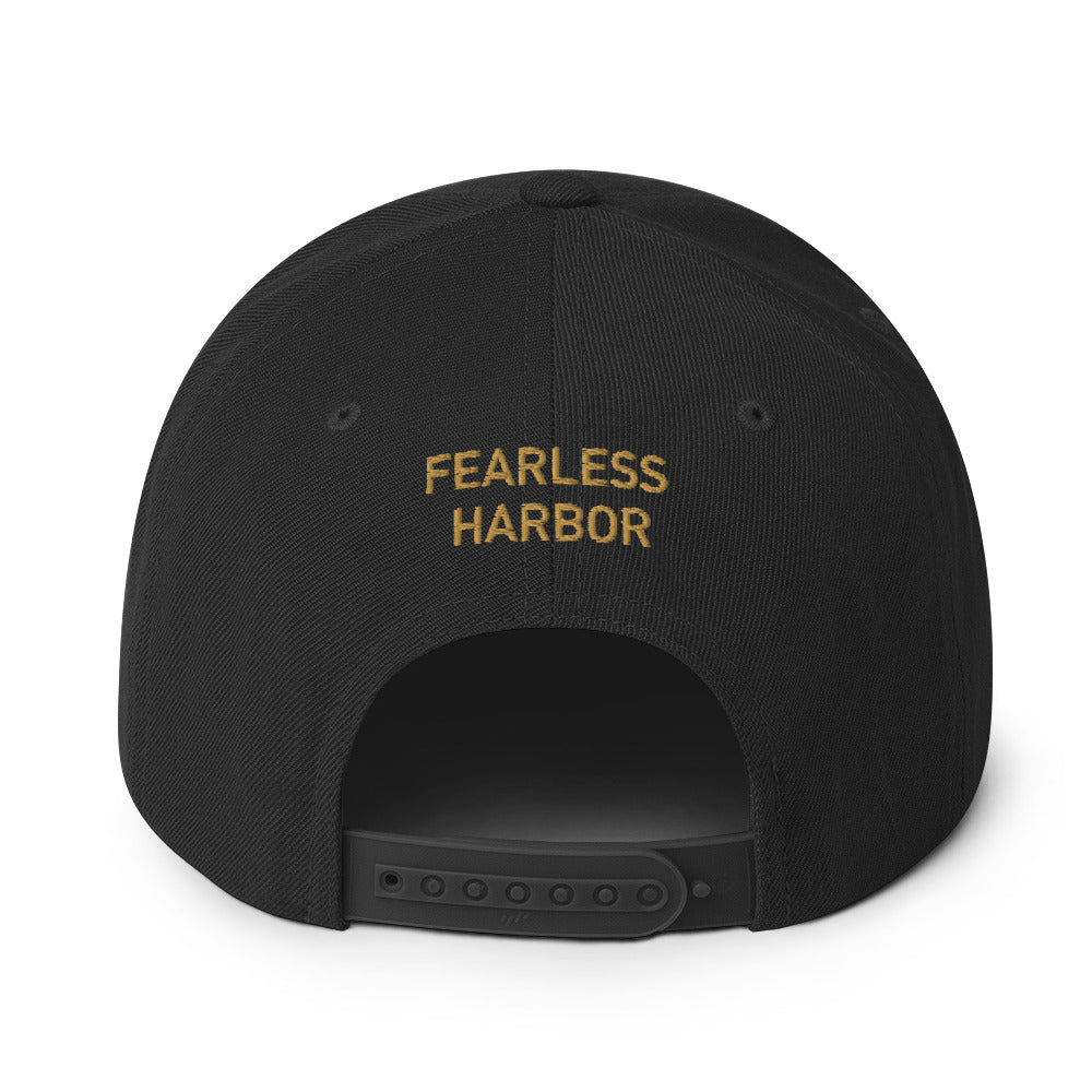 Back view of Black Elk Burn Zone classic snapback hat with embroidered text Fearless Harbor.