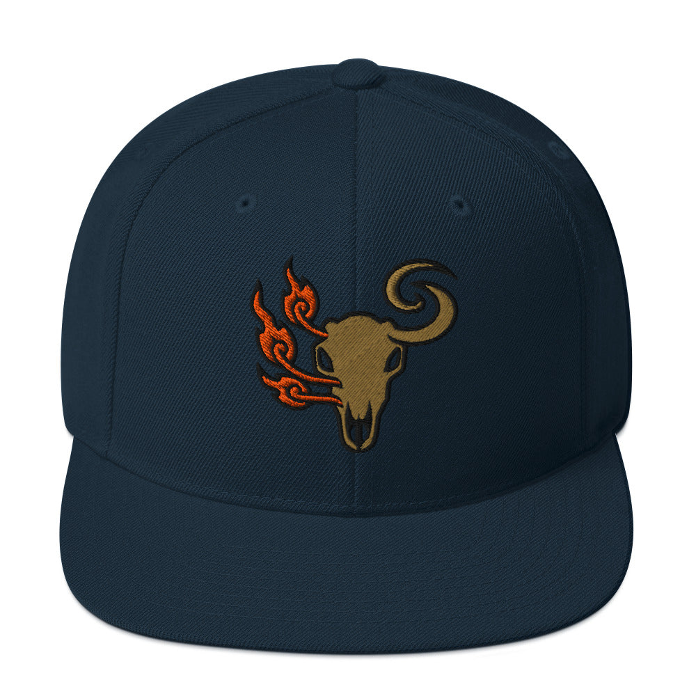 Front view of Dark Navy Elk Burn Zone classic snapback hat with embroidered elk skull and flame graphic.