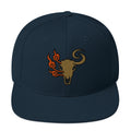 Front view of Dark Navy Elk Burn Zone classic snapback hat with embroidered elk skull and flame graphic.