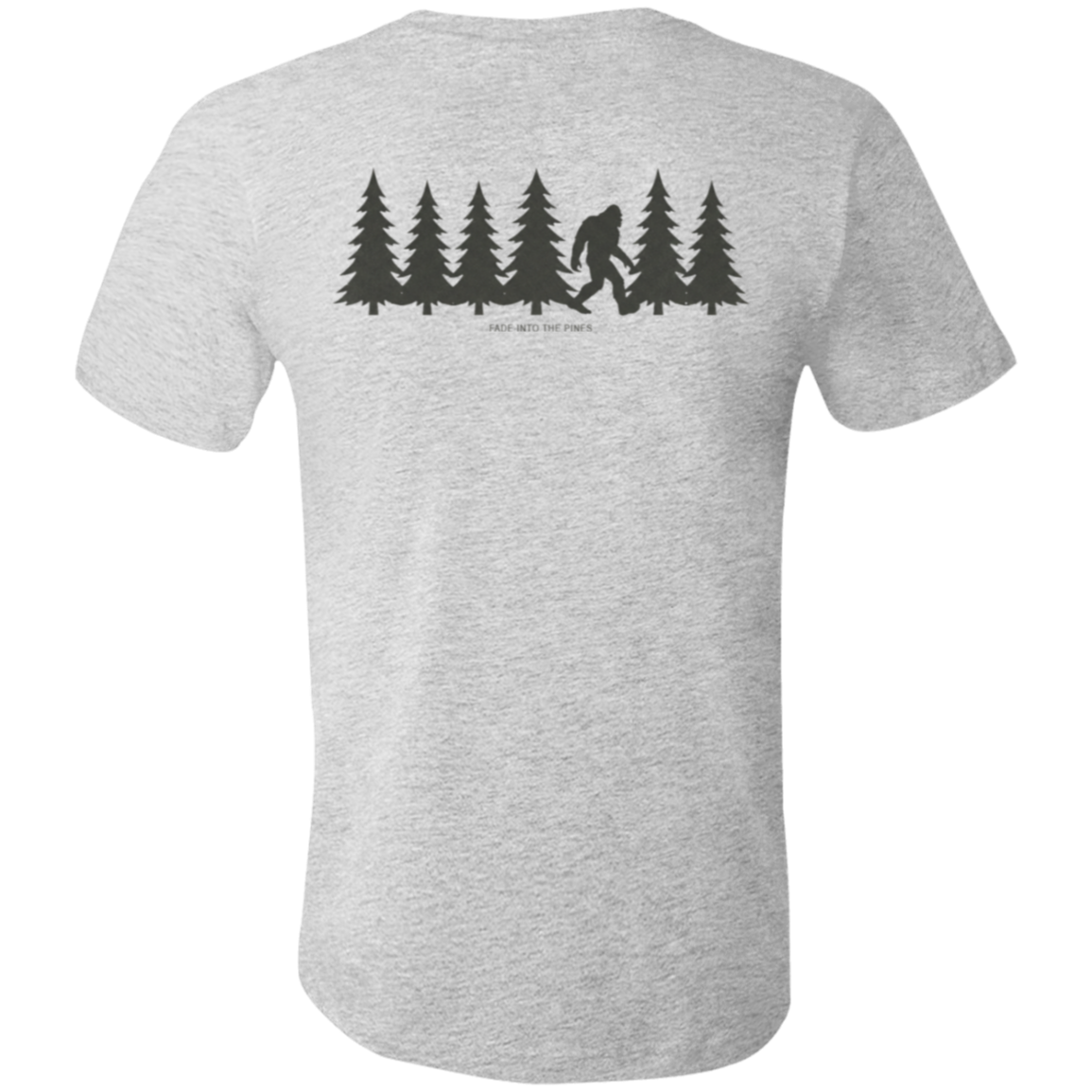 Back view of the Men’s Fade Into the Pines Bigfoot Core Tee in Athletic Heather showing a walking Bigfoot silhouette moving through a row of pine trees with the words fade into the pines.