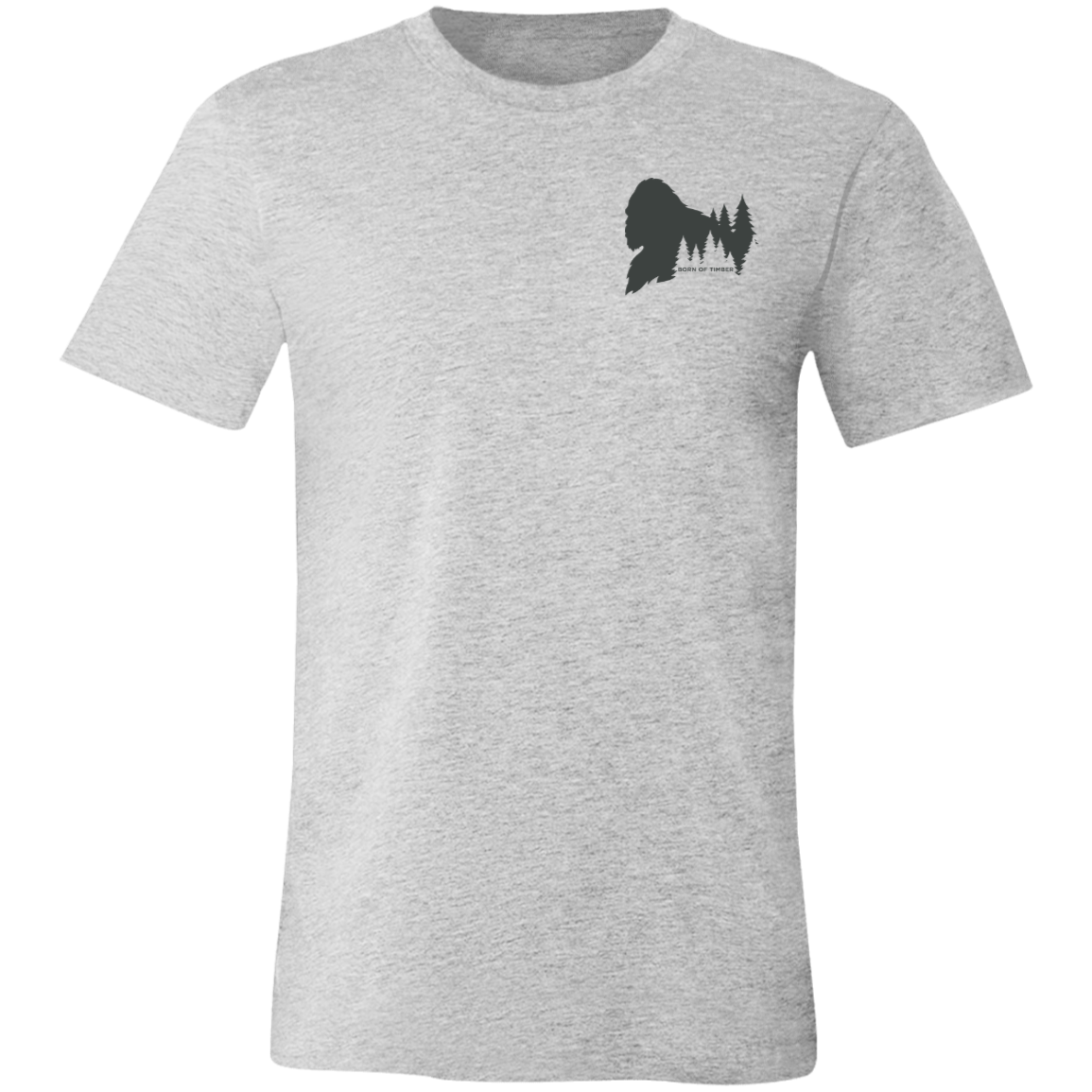 Front view of the Men’s Fade Into the Pines Bigfoot Core Tee in Athletic Heather showing a small upper chest Bigfoot silhouette graphic with pine trees and Born of Timber text.