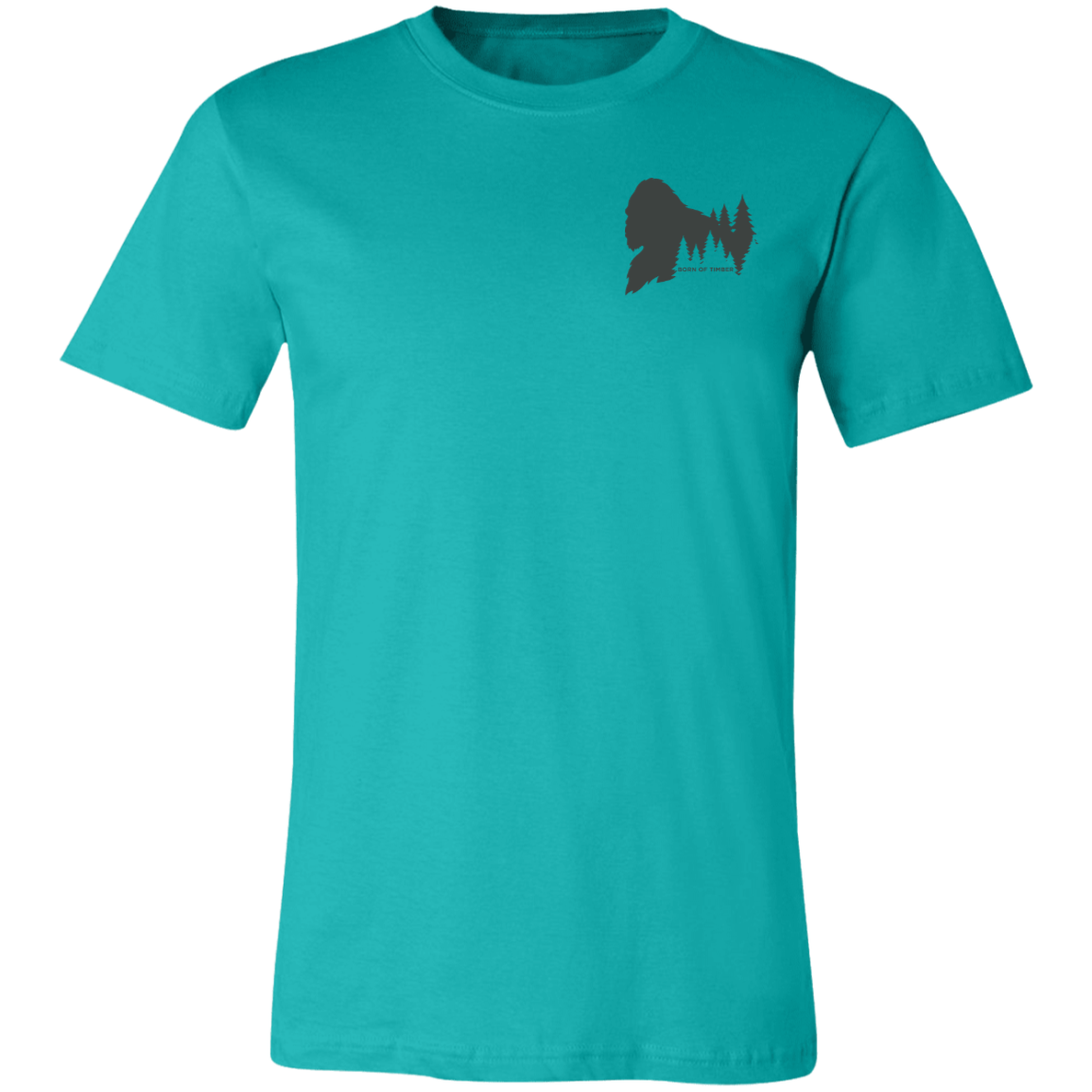 Front view of the Men’s Fade Into the Pines Bigfoot Core Tee in Teal showing a small upper chest Bigfoot silhouette graphic with pine trees and Born of Timber text.