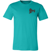 Front view of the Men’s Fade Into the Pines Bigfoot Core Tee in Teal showing a small upper chest Bigfoot silhouette graphic with pine trees and Born of Timber text.