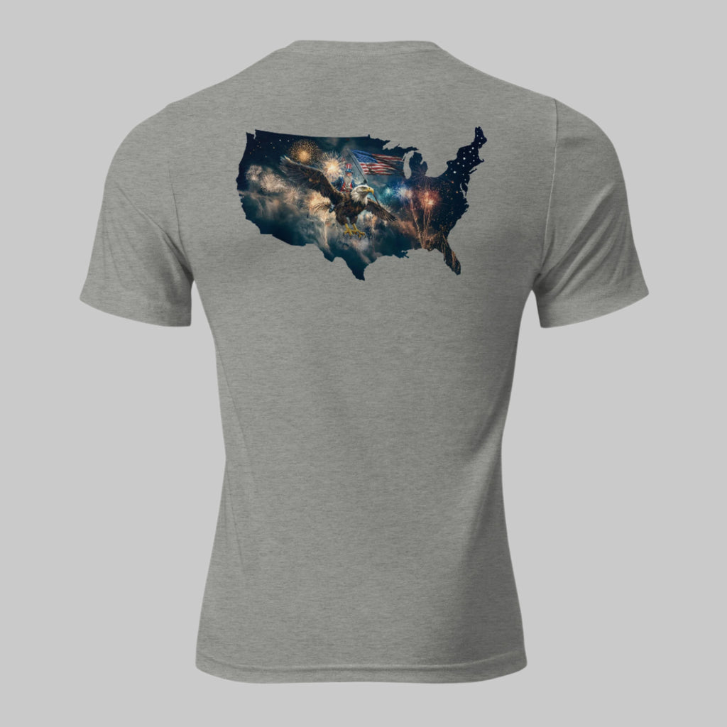 Back of athletic grey tee featuring Uncle Sam riding a bald eagle through fireworks, waving an American flag in bold patriotic style.