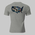 Back of athletic grey tee featuring Uncle Sam riding a bald eagle through fireworks, waving an American flag in bold patriotic style.