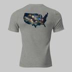 Back of athletic grey tee featuring Uncle Sam riding a bald eagle through fireworks, waving an American flag in bold patriotic style.