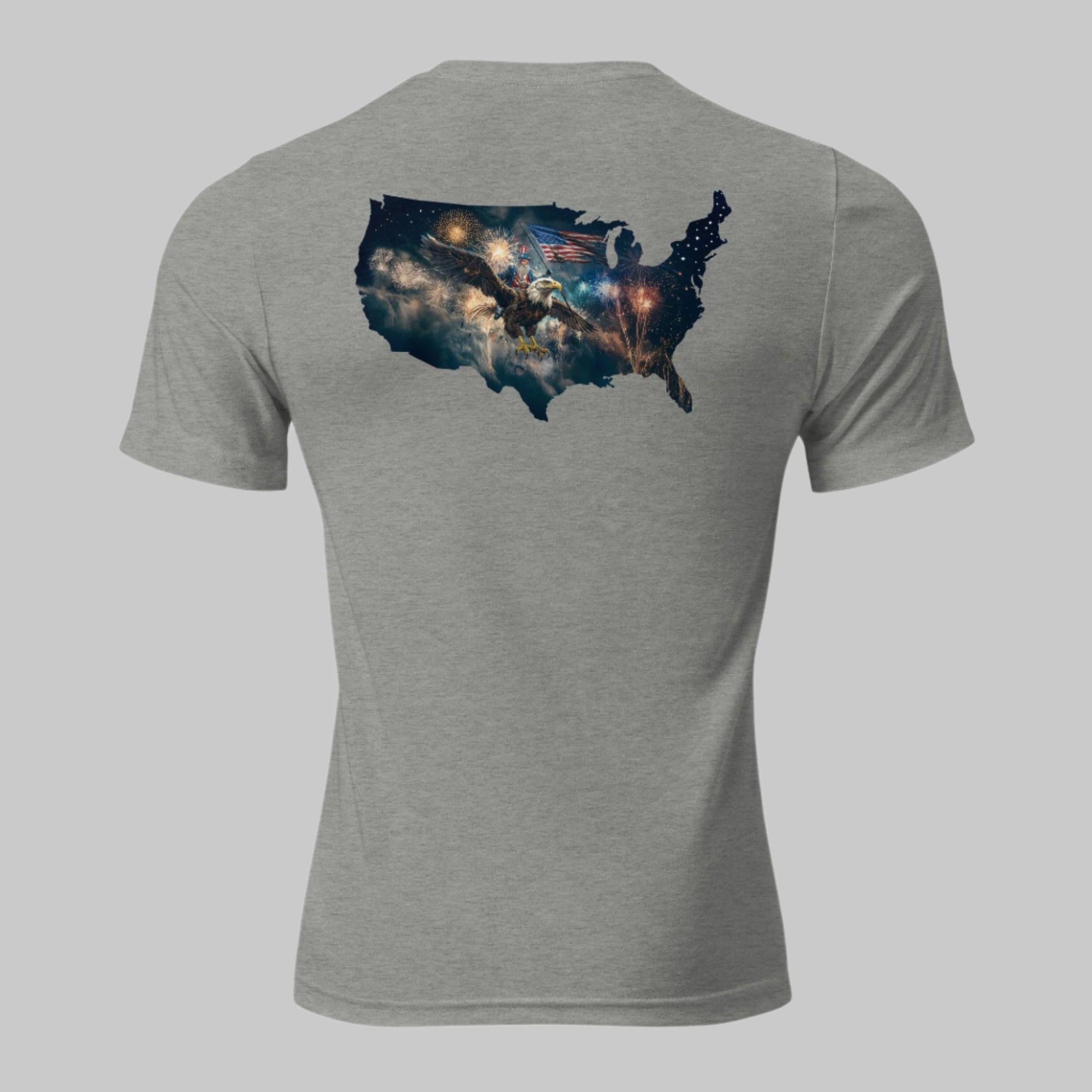 Back of athletic grey tee featuring Uncle Sam riding a bald eagle through fireworks, waving an American flag in bold patriotic style.