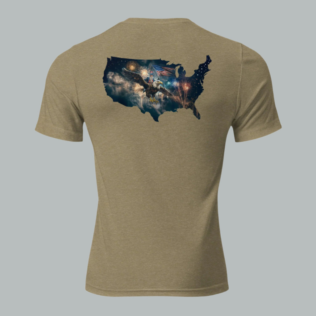 Back of olive tee packed with patriotic force—Uncle Sam flying on a bald eagle, fireworks bursting, flag waving.