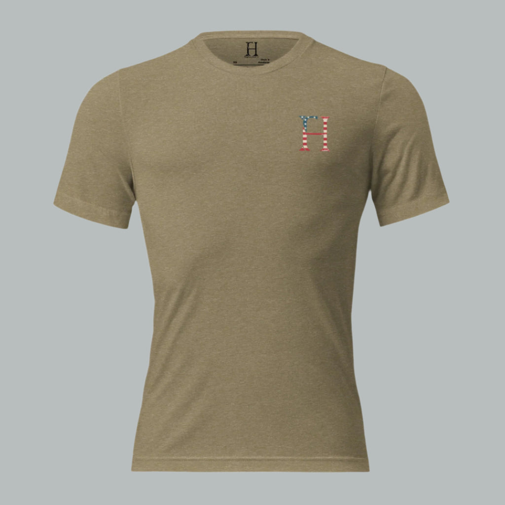 Front of olive tee featuring the classic FH logo on the chest—minimalist, tough, and true.