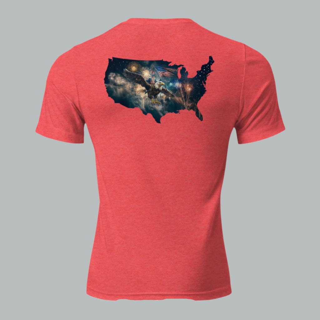Back of red tee showcasing high-energy design—Uncle Sam soaring on an eagle through fireworks with the American flag in hand.