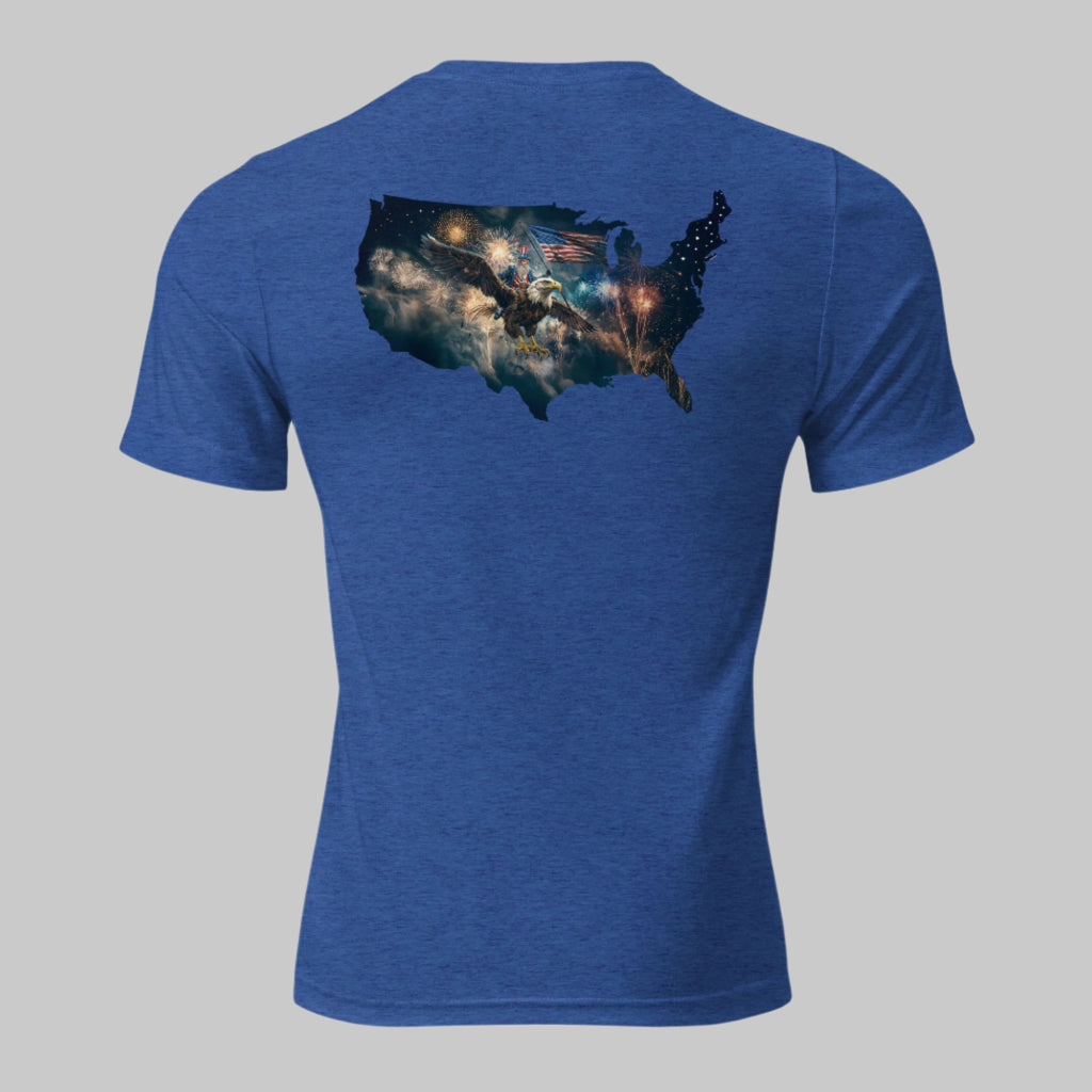 Back of royal blue tee with striking Fourth of July art—Uncle Sam on a bald eagle, American flag raised, fireworks filling the sky.