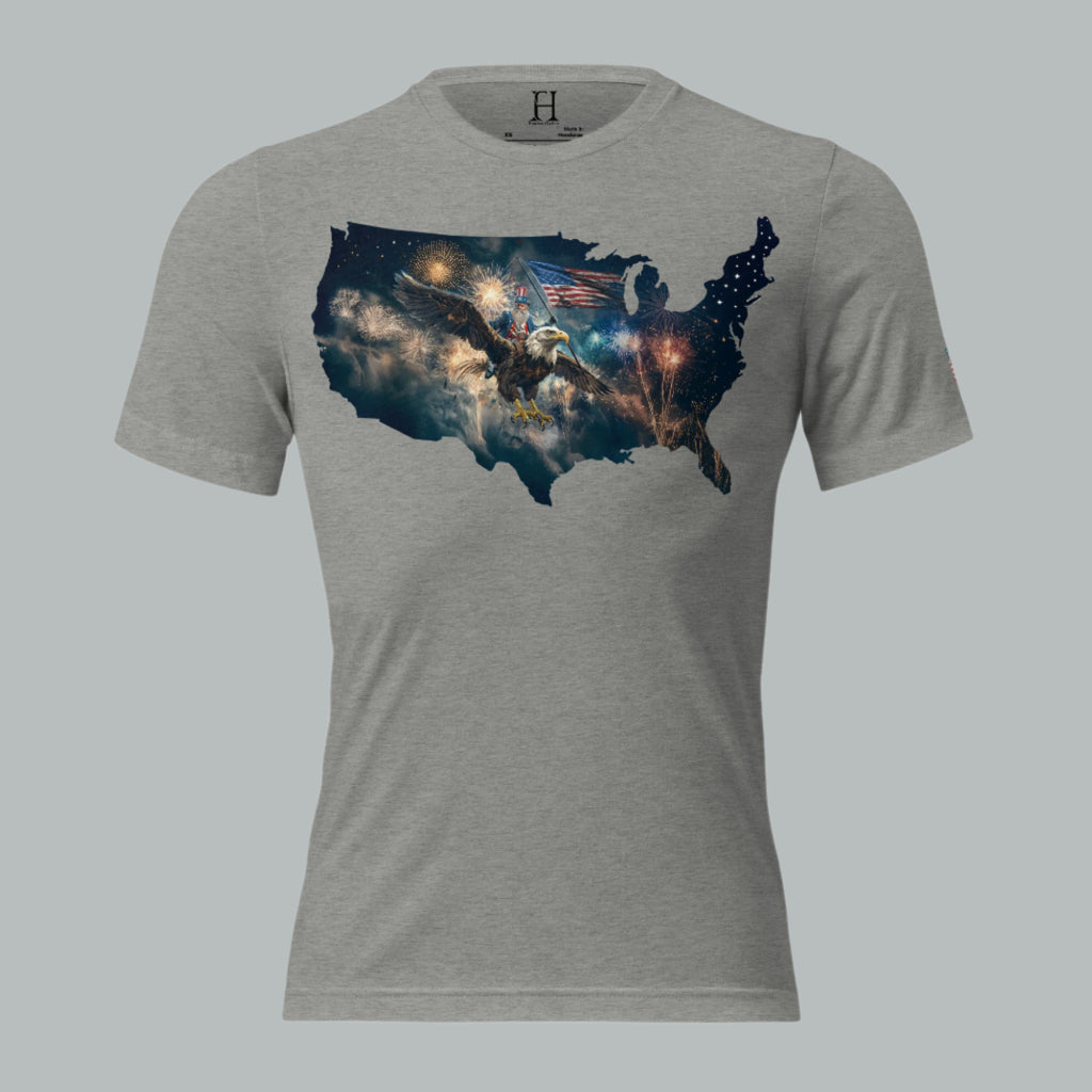 Grey tri-blend tee with Uncle Sam riding eagle and fireworks — unapologetically American.