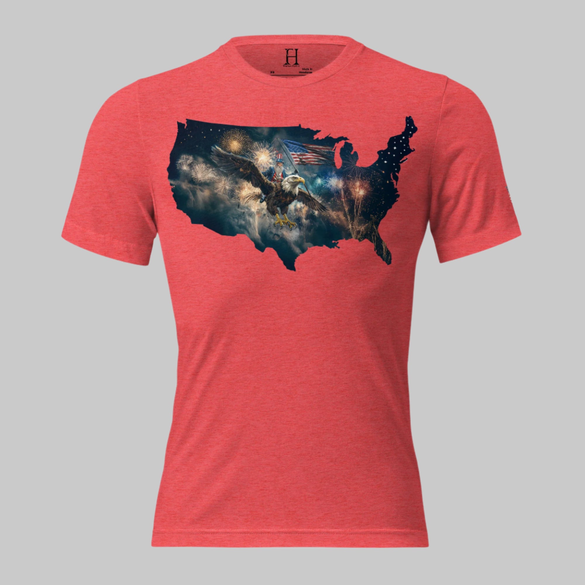Red Fourth of July shirt with eagle flight and fireworks — the ultimate American tee.