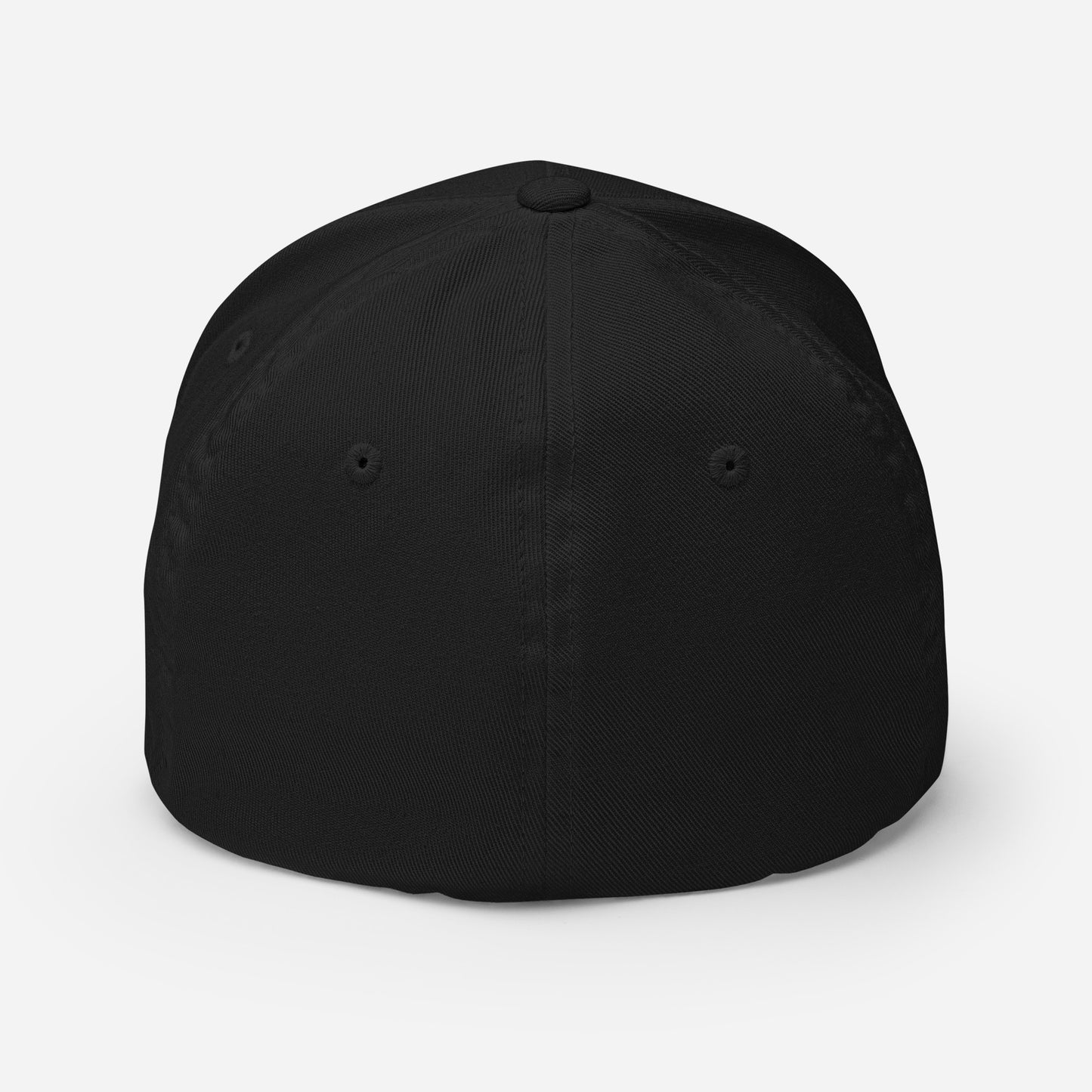 Back of Fearless Harbor FlexFit Hat in Black, blank with no graphics or text.