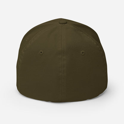 Back of Fearless Harbor FlexFit Hat in Olive, blank with no graphics or text.