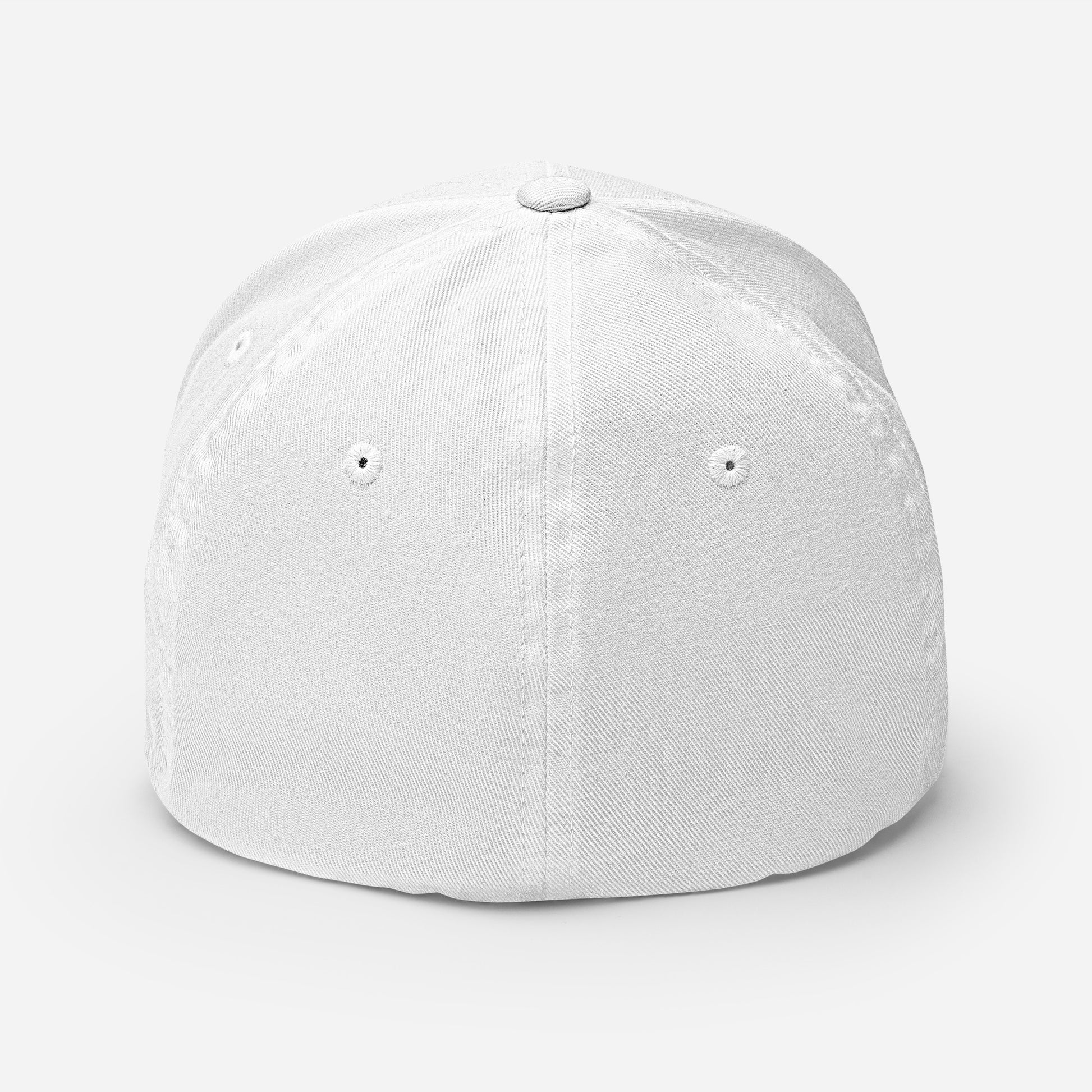 Back of Fearless Harbor FlexFit Hat in White, blank with no graphics or text.