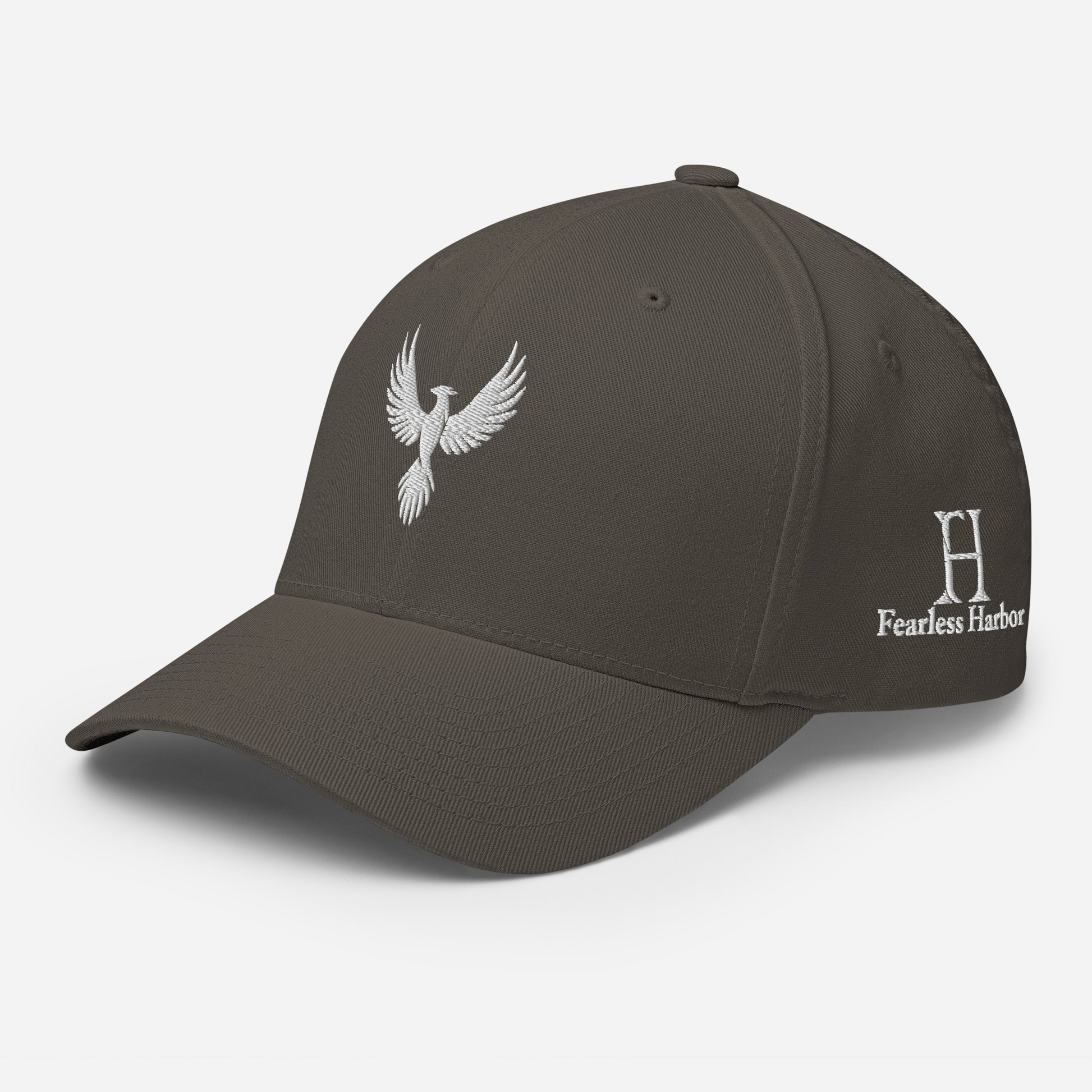 Left Front of Fearless Harbor FlexFit Hat in Dark Grey with white phoenix logo embroidery on front and FH logo on left side.