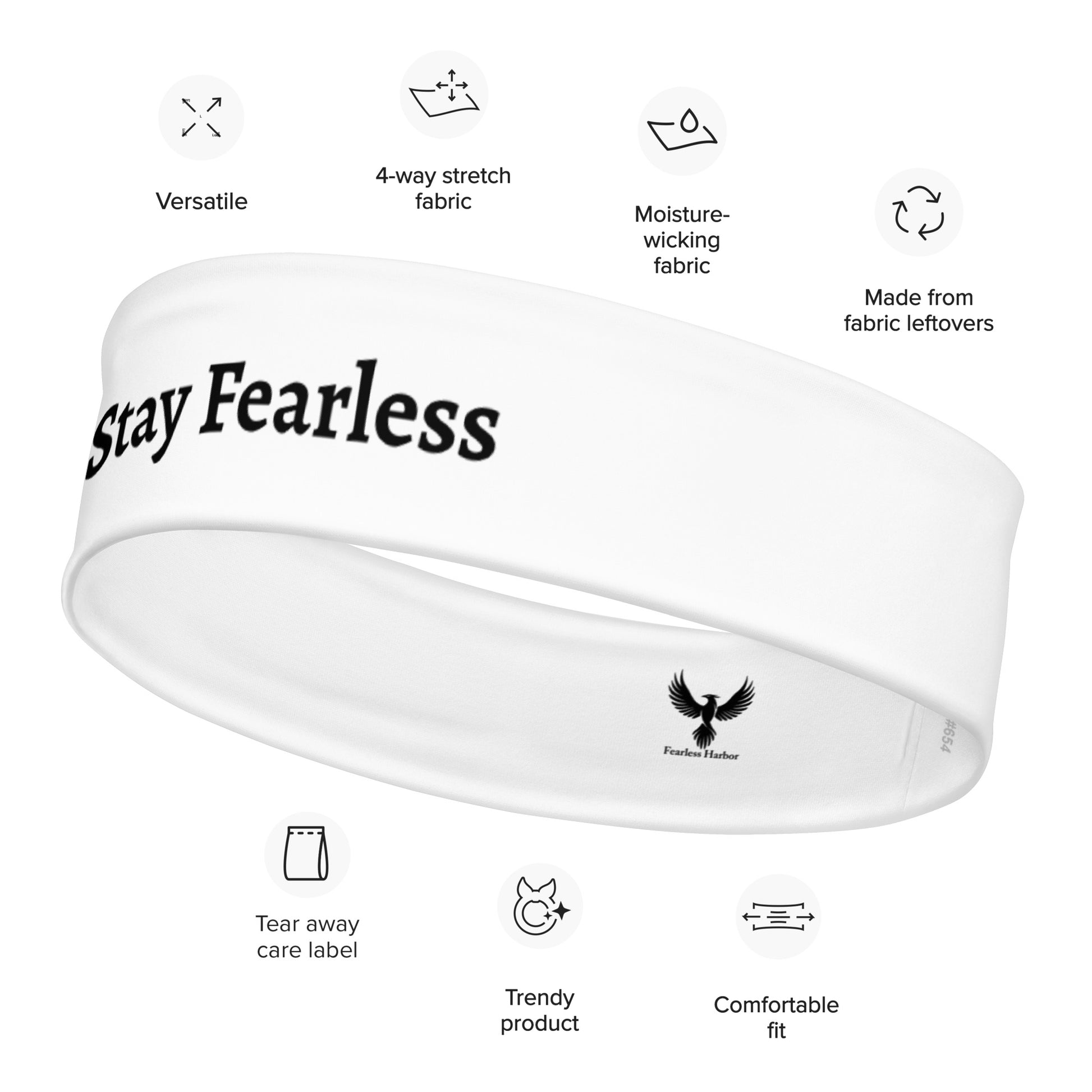 Front of Performance Headband in White with the text Be Bold Stay Fearless, and Phoenix logo graphic on  inside back of band.