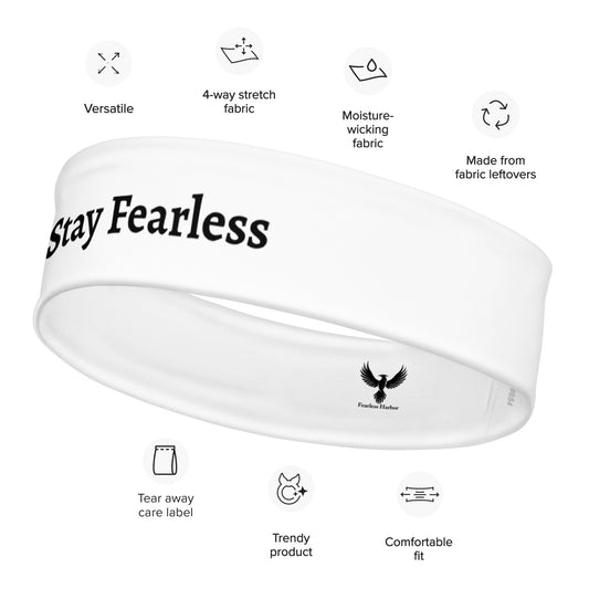 Front of Performance Headband in White with the text Be Bold Stay Fearless, and Phoenix logo graphic on  inside back of band.