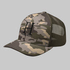 Left Front of Fearless Harbor Camouflage Trucker Hat in Camo Olive with FH logo and the words Fearless Harbor.