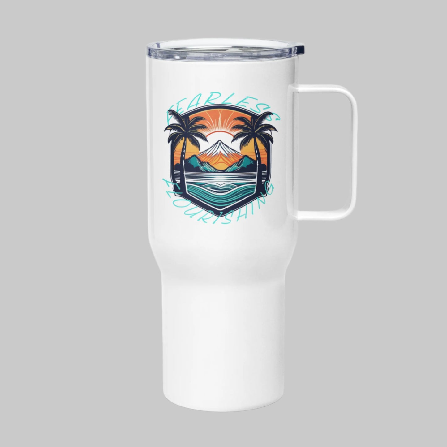 Left side of 25 oz Mug in White with beach design and the text Fearless Flourishing.