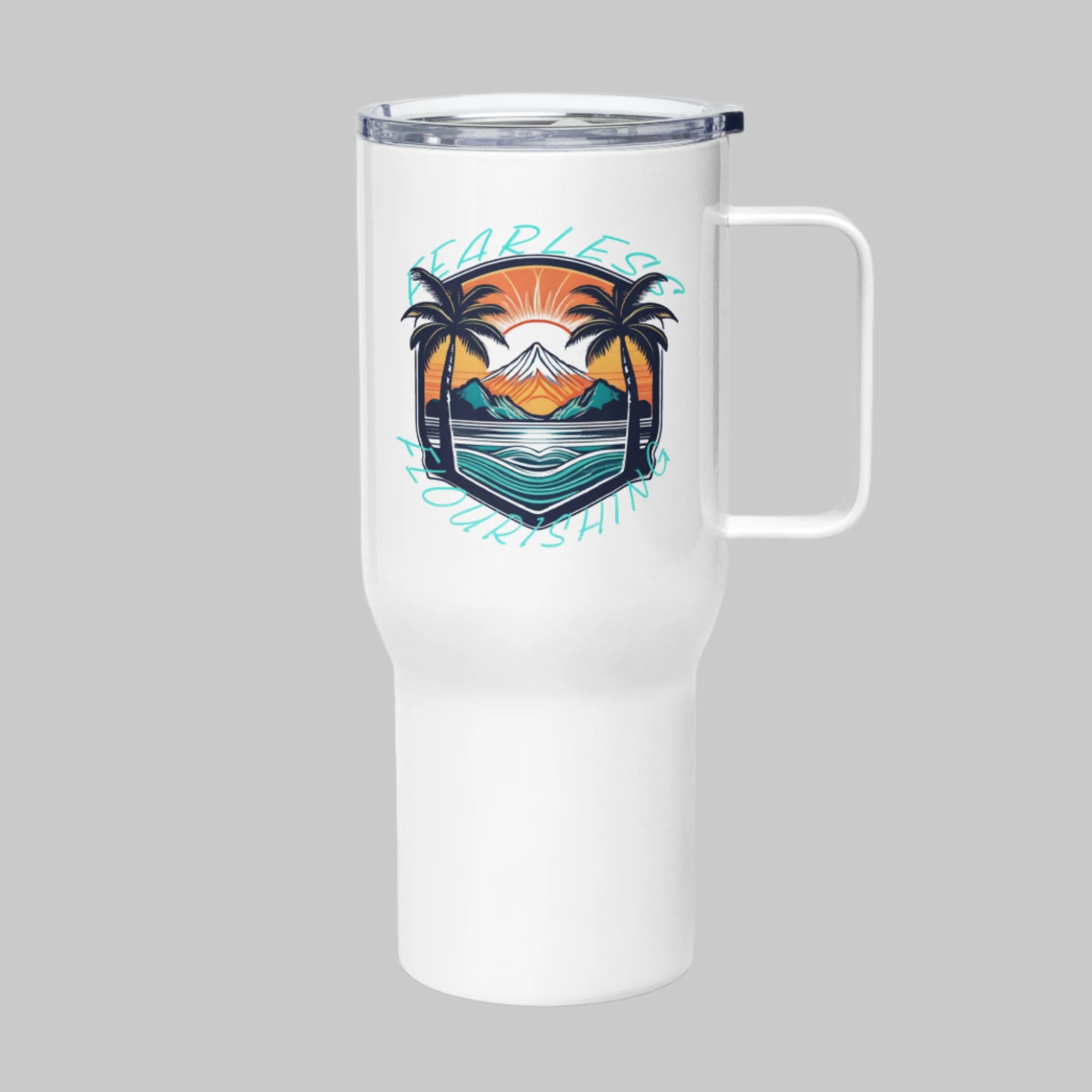 Left side of 25 oz Mug in White with beach design and the text Fearless Flourishing.
