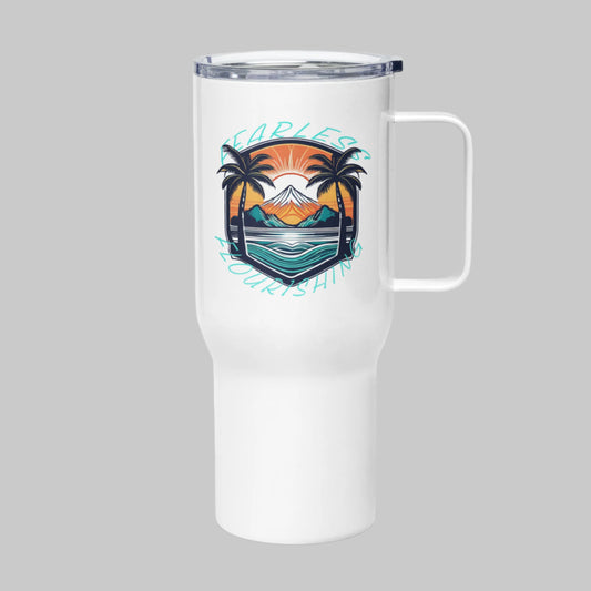 Left side of 25 oz Mug in White with beach design and the text Fearless Flourishing.