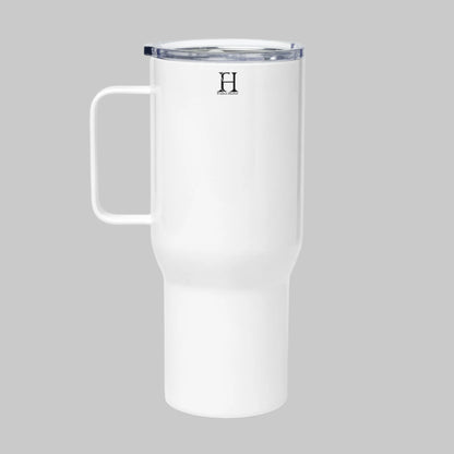 Right side of 25 oz Mug in White with FH logo in black near lid and the text Fearless Harbor.