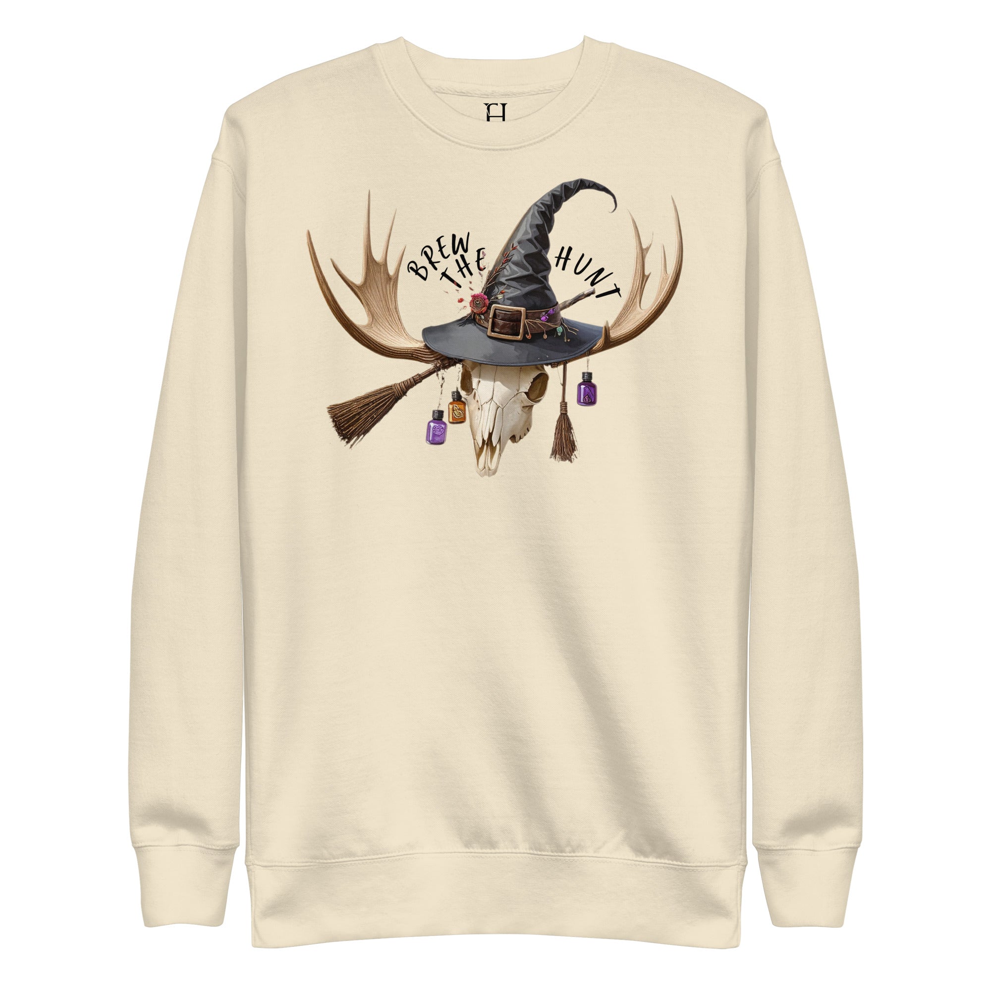 Front view of Fearless Harbor Brew the Hunt Sweatshirt in Bone featuring witch hat skull with potions design for Halloween.