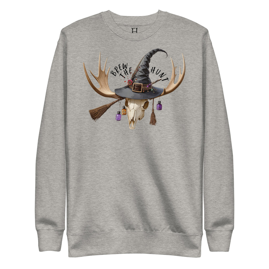 Front view of Fearless Harbor Brew the Hunt Sweatshirt in Bone featuring witch hat skull with potions design for Halloween.
