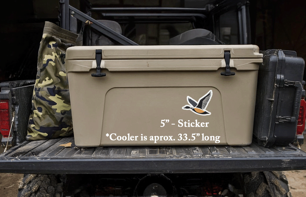 Five inch drake edition die cut sticker featuring a flying waterfowl duck in multicolor placed on a rotomolded cooler.