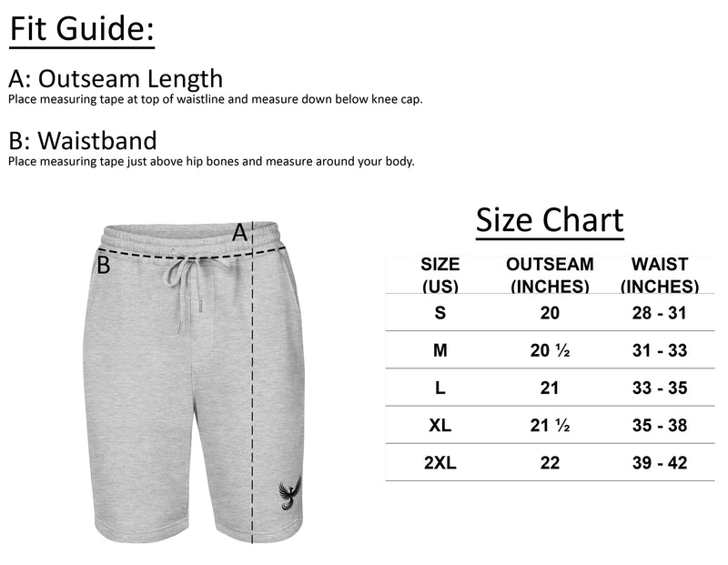 Size chart for Fearless Harbor Men's Phoenix Emblem Fleece Shorts