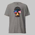 Grey triblend t-shirt featuring a vintage-style mallard head in flag shades and a patriotic hat—made for those who know where they stand.
