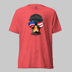 Red triblend t-shirt with a standout mallard in flag shades and star-spangled hat—worn by those who don’t hesitate to show where they land.