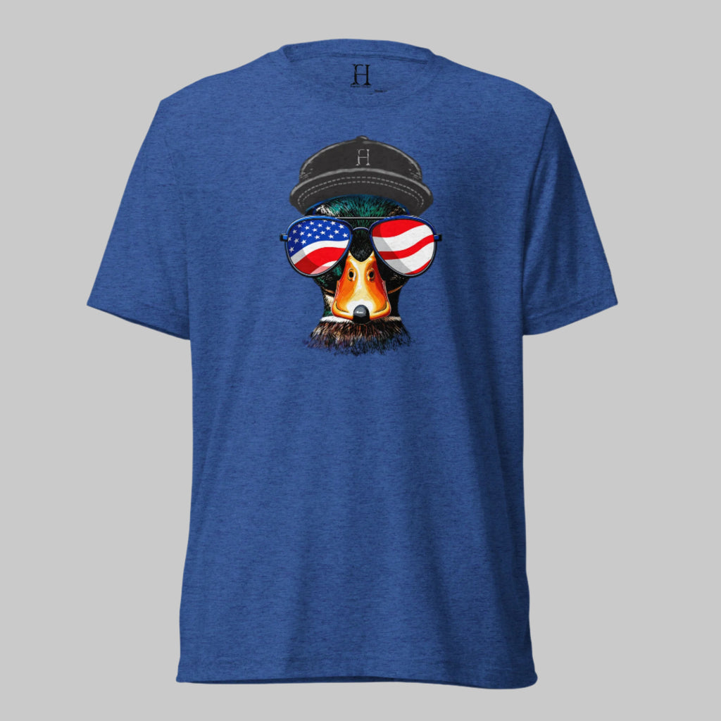 True Royal triblend t-shirt with a bold mallard head wearing flag-lens sunglasses—because some folks don’t wait to be told it’s time to lead.