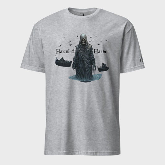 Front of Haunted Harbor Reaper T-shirt in Grey with intimidating Grim Reaper design.