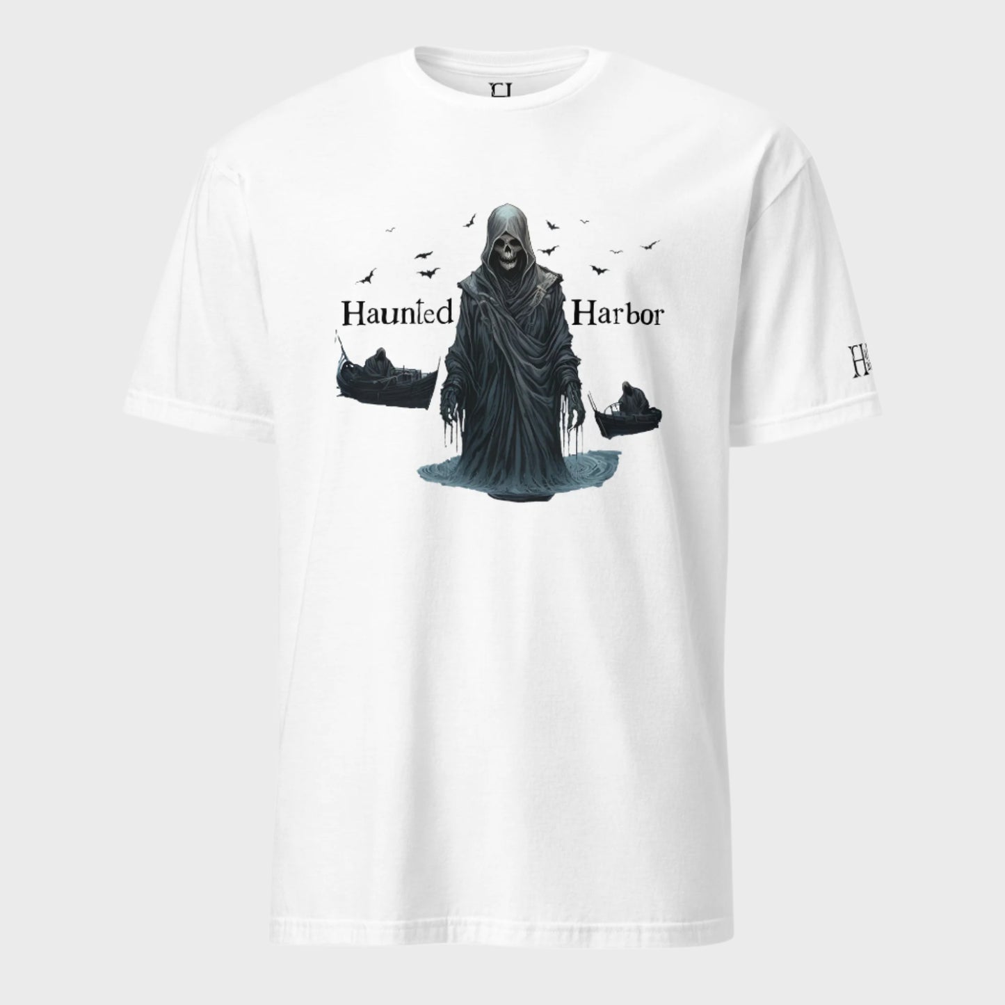 Front of Haunted Harbor Reaper T-shirt in White with intimidating Grim Reaper design.