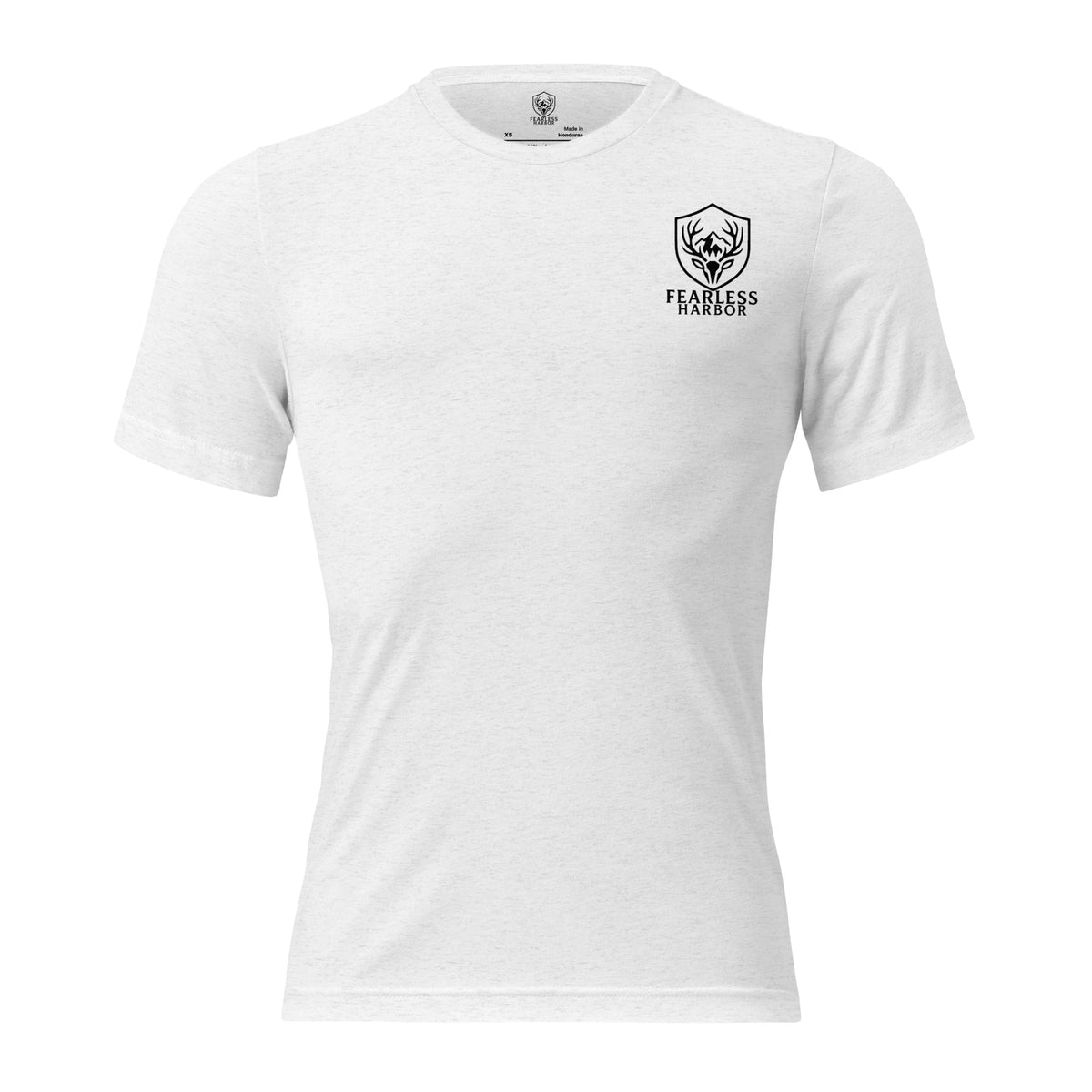 Front view of mens hunting graphic tee in white with bold mountain bighorn graphic showing curl infinity ethics theme.